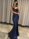 Mermaid Navy Blue Sequins Long Evening Prom Dresses, Custom Prom Dress, BGS0129
