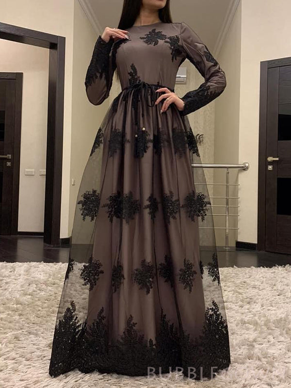 A-line Long Sleeves Black Tulle Appliques Long Evening Prom Dresses, Custom Prom Dress, BGS0135