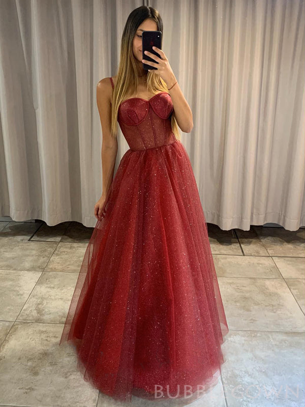 A-line Red Tulle Sparkly Long Evening Prom Dresses, Custom Spaghetti Straps Prom Dress, BGS0138