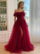 Off Shoulder Red Tulle A-line Long Evening Prom Dresses, Custom High Slit  Prom Dress, BGS0140