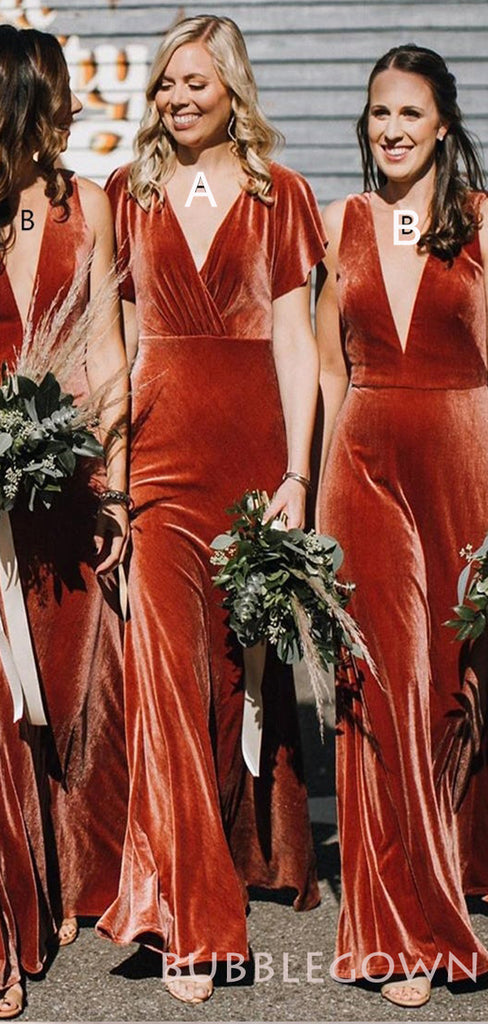 V-neck Floor Length Copper Velvet Long Bridesmaid Dresses, BN1011