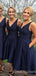 Navy Blue Satin V-neck Short  Bridesmaid Dresses , BN1019