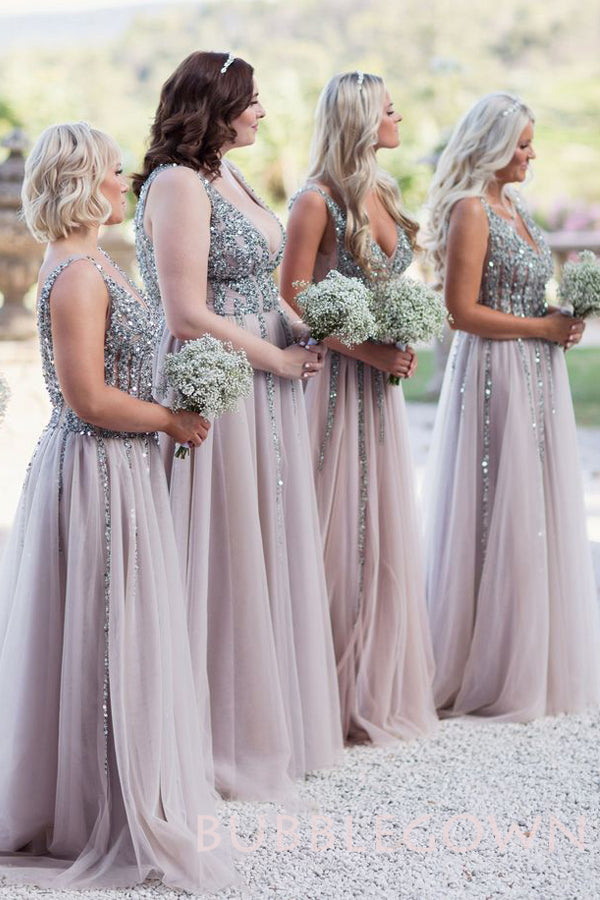 Sexy Deep V-neck Dusty Tulle Beaded Long A-line Bridesmaid Dresses , BN1026
