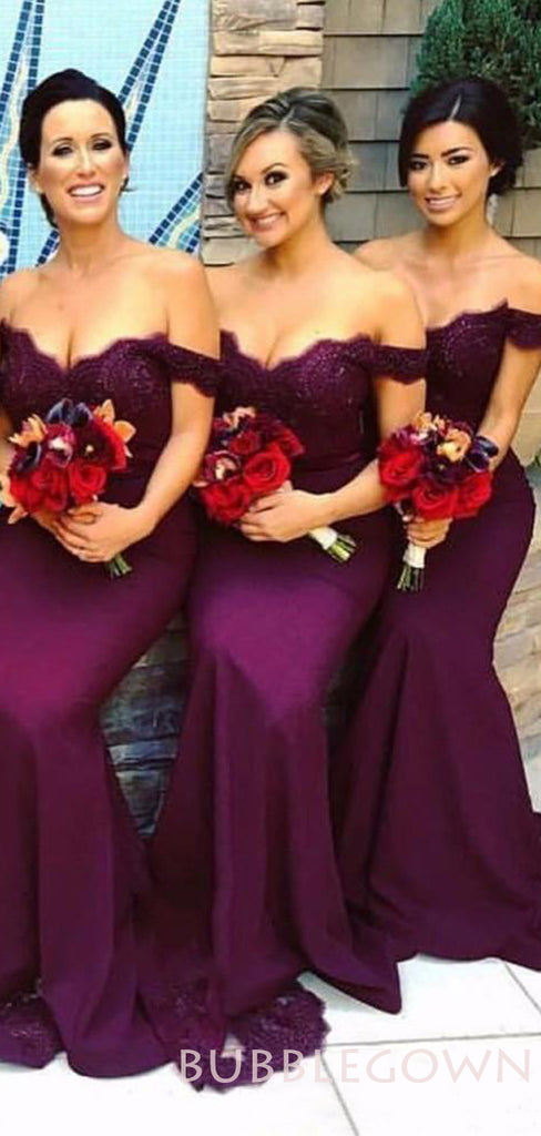 Off Shoulder Purple Satin Appliques Long Mermaid Bridesmaid Dresses , BN1027