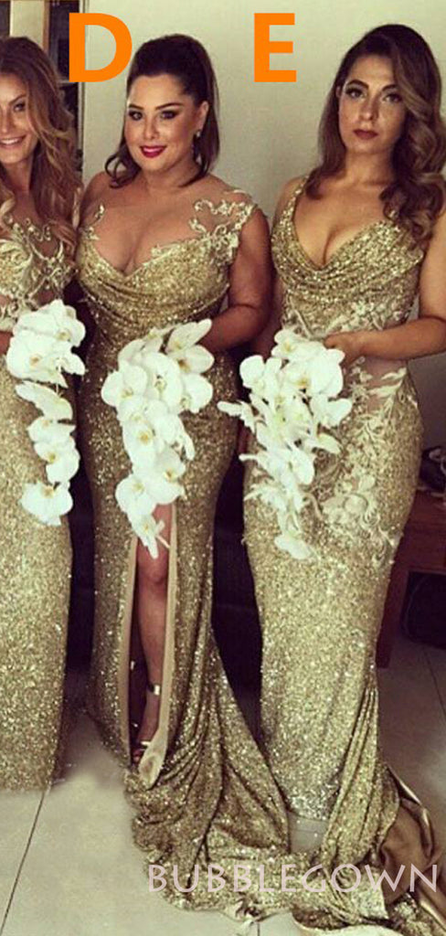 Mermaid Gold Sequin Sleeveless Long Bridesmaid Dresses , BN1034