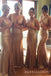 Deep V-neck Gold Sequin Long Mermaid Bridesmaid Dresses , BN1057