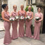Spaghetti Straps Dusty Pink Satin Cowl Neck Long Mermaid Bridesmaid Dresses , BN1073