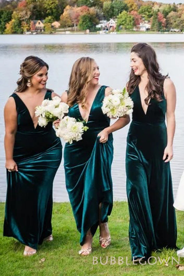 Dark Green Velvet Long V-neck Bridesmaid Dresses, BN1106