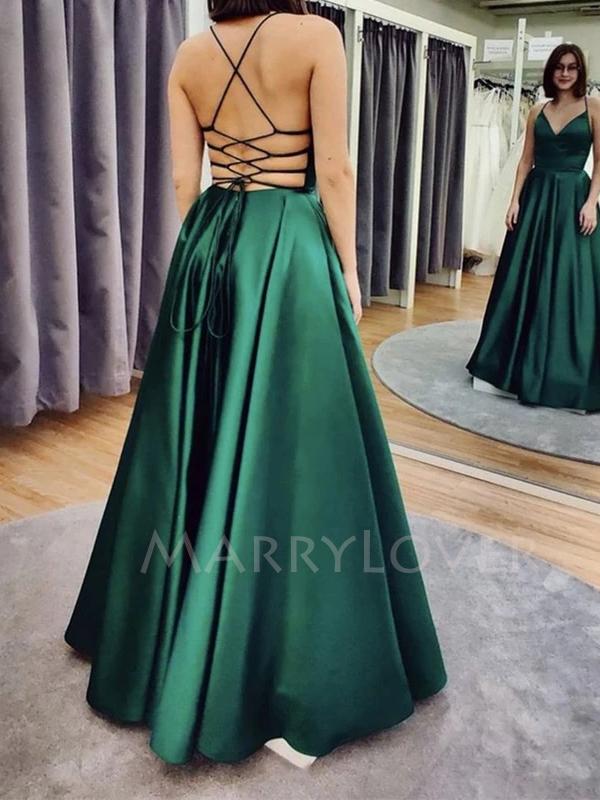 Sex Backless A-Line Satin V Neckline Long Evening Prom Dresses, Long Party prom dresses, MR7041