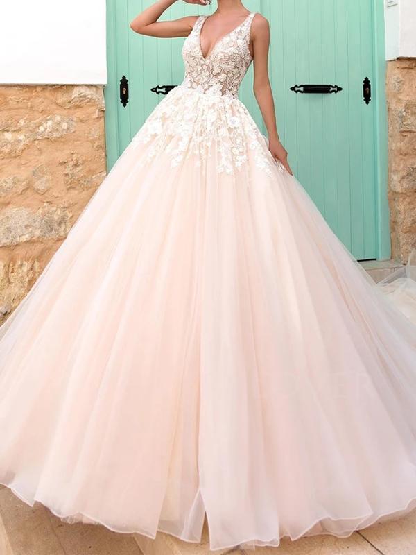 A-Line Pink Lace Long Evening Prom Dresses, Cheap Pink Wedding dresses, MR7068