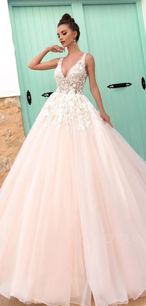 A-Line Pink Lace Long Evening Prom Dresses, Cheap Pink Wedding dresses, MR7068