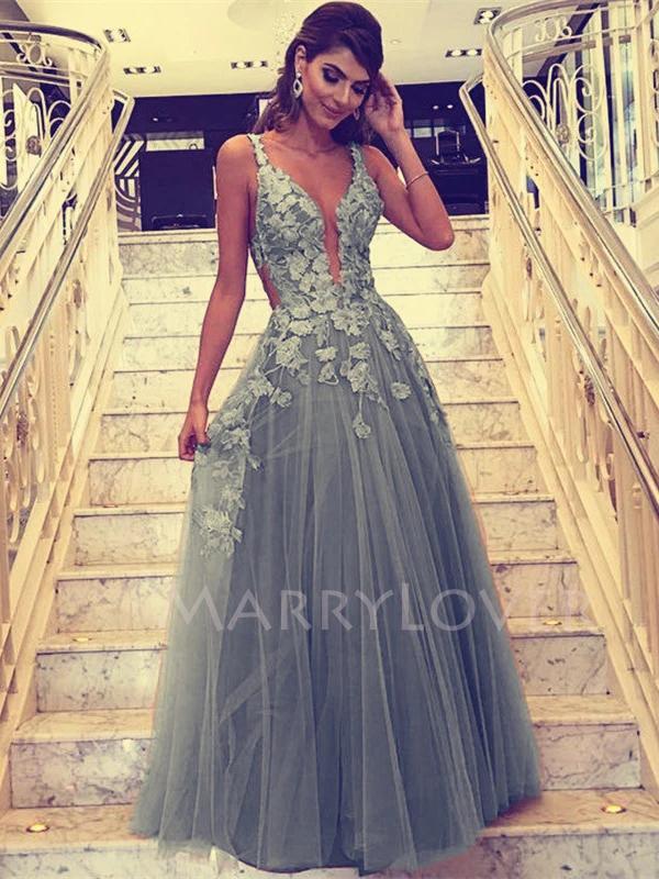 Lace Embroidery V-neck Tulle Floor Length A-line Long Evening Prom Dresses, MR7076