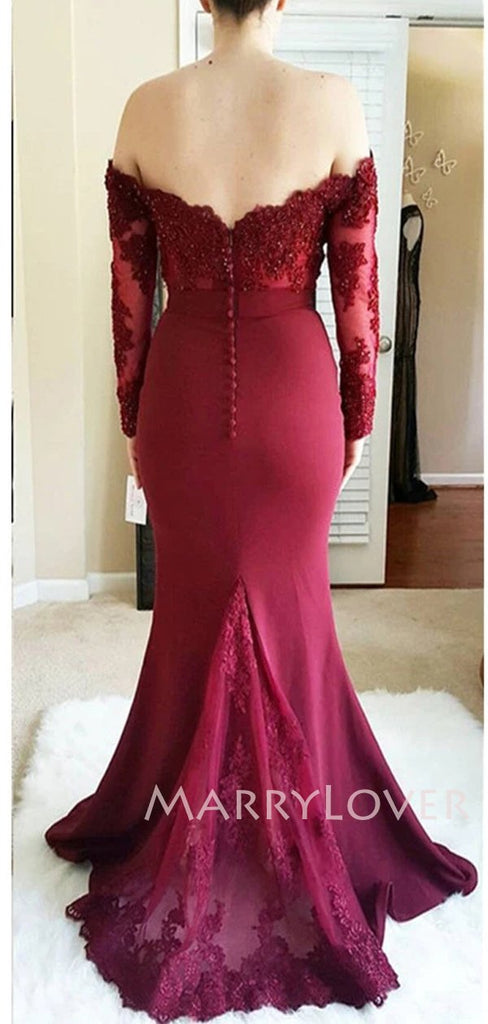 Sexy Off Shoulder Lace Mermaid Long Evening Prom Dresses With Sleeves, MR7078