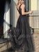 Sexy V-neck Tulle Floor Length A-line Black Long Evening Prom Dresses, MR7081