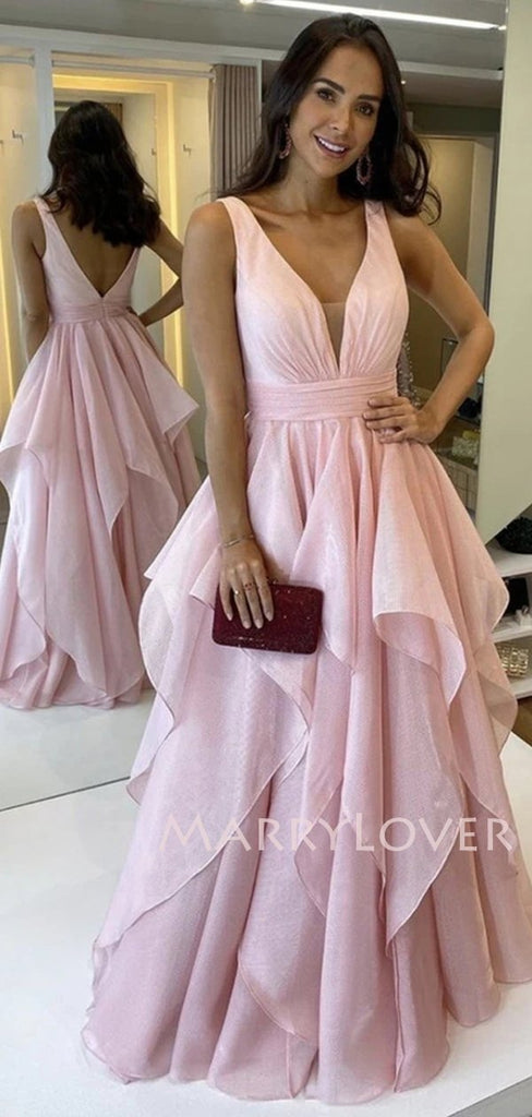Sexy A-Line Pink Organza Long Evening Prom Dresses, Cheap Custom Prom Dresses, MR7096