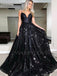 V Neck  Sparkle Black Long Evening Prom Dresses, Cheap Custom Sweet Prom dresses, MR7101