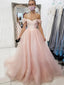 Off Shoulder A-Line Pink Long Evening Prom Dresses, Cheap Prom Dresses, MR7102