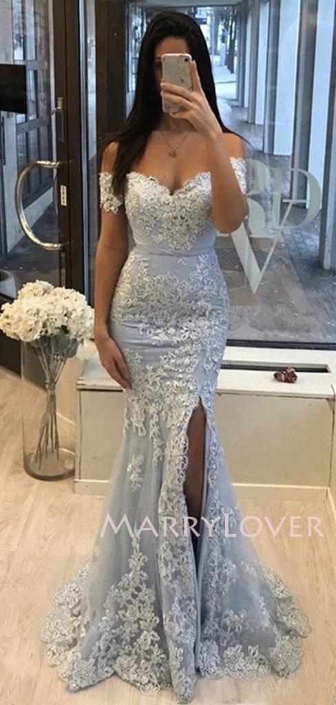 Mermaid Off-Shoulder Grey Lace Tulle Long Evening Prom Dresses, MR7105