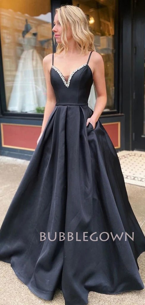 A-Line Satin V Neckline Long Black Evening Prom Dresses, Cheap Custom prom dresses, MR7129