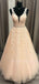 V-neck Tulle Floor Length Lace A-line Long Evening Prom Dresses, Cheap Prom Dress, MR7137