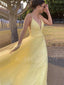 V-neck Lace Beaded A-line Yellow Long Evening Prom Dresses, MR7140