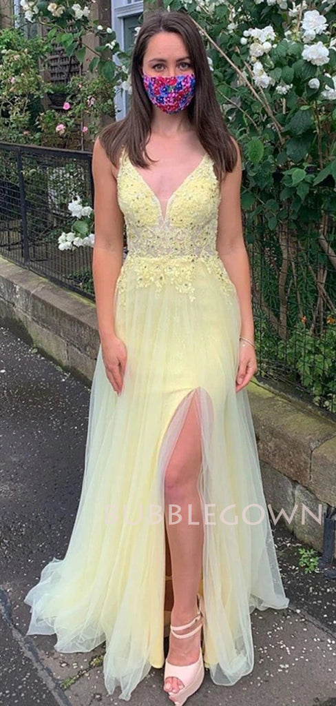 Spaghetti Straps Beaded See Through Side Slit Yellow Long Evening Prom Dresses, MR7141