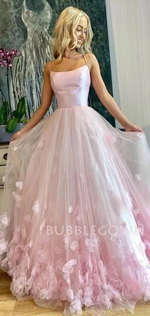 A-Line Spaghetti Straps Pink Long Evening Prom Dresses, Cheap Prom Dresses, MR7154
