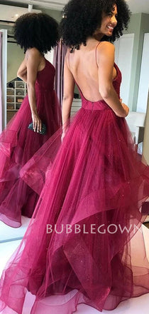 Sexy Backless Tulle A-line Burgundy Long Evening Prom Dresses, Cheap Custom Prom Dress, MR7158