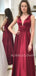 Sexy V Neck Burgundy A-Line Long Evening Prom Dresses, MR7161
