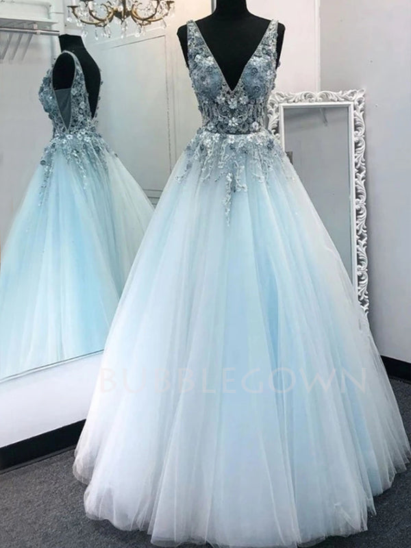 See Throuth V-neck Backless Floor Length Blue Lace A-line Long Evening Prom Dresses, MR7167