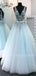 See Throuth V-neck Backless Floor Length Blue Lace A-line Long Evening Prom Dresses, MR7167