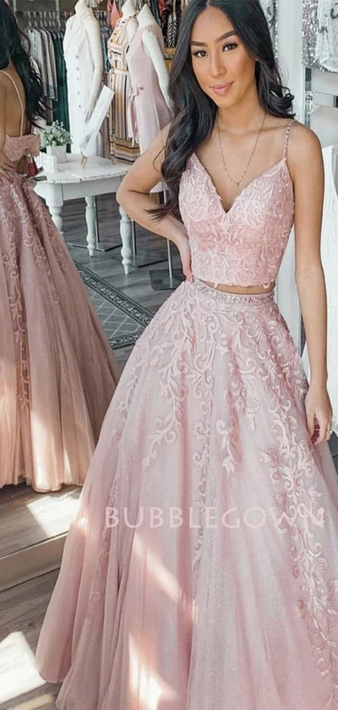 Sexy Two Pieces Pink Lace Tulle A-line Long Evening Prom Dresses, Cheap Sweet Custom Prom Dresses, MR7175