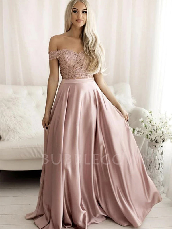 Off Shoulder Two Pieces A-Line Grey Pink Long Evening Sweet Prom Dresses, Cheap Custom Prom dresses, MR7189