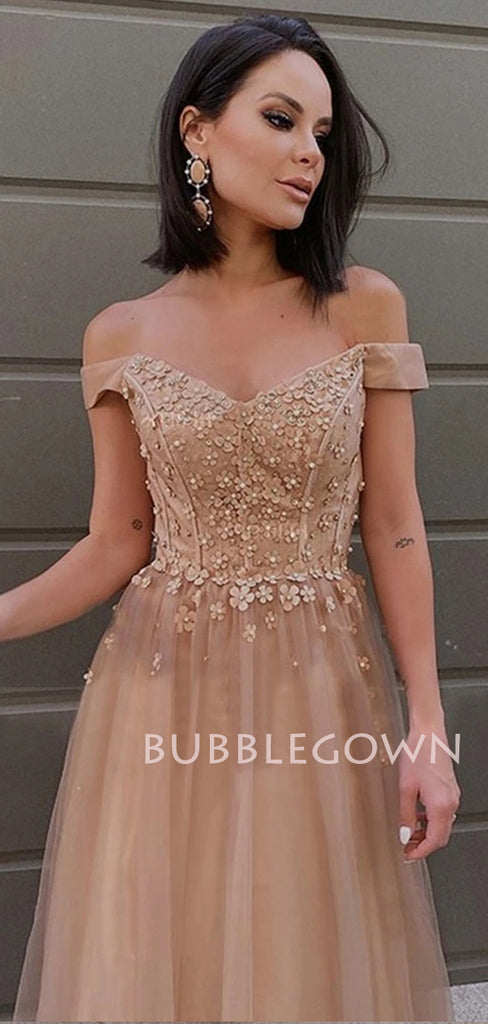 Off Shoulder A-Line Lace Long Evening Prom Dresses, Cheap Tulle Sweet Prom Dresses, MR7191
