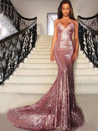 Sexy Sequin Long Mermaid Sparkly Pink Long Evening Prom Dresses, Cheap Custom Prom Dresses, MR7195