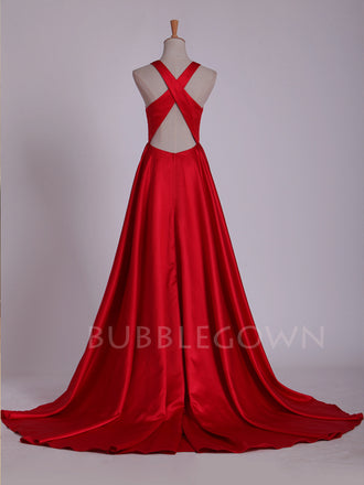 Sexy V Neck Backless Red A-Line Long Evening Prom Dress, Cheap Custom Prom Dress, MR7197