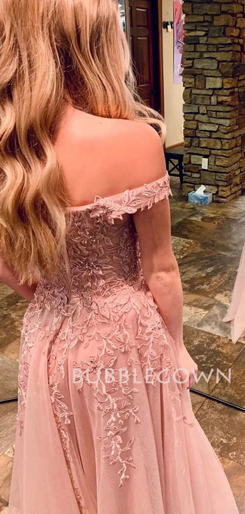 Off Shoulder Tulle Floor Length Dusty Pink Lace A-line Long Evening Prom Dresses, Cheap Prom Dress, MR7201