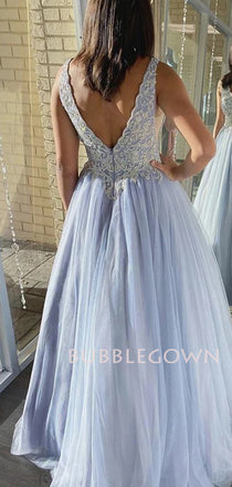 Sexy V-neck Tulle A-line Long Evening Prom Dresses, Cheap Custom Prom Dresses, MR7211