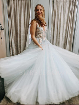 V neck Tulle wathet blue  Lace A-line Long Evening Prom Dresses, Cheap Prom Dress, MR7217