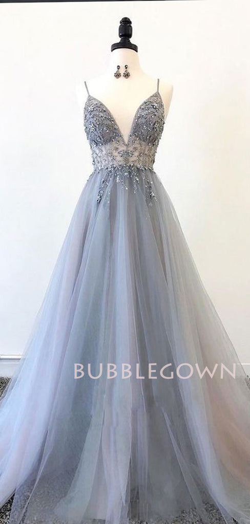 Sexy See Throuth V Neck Tulle Side Slit Long Evening Prom Dresses, Cheap Prom Dress, MR7221