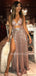 Rose Gold Sequin Sexy Side Slit Long Evening Prom Dresses, Cheap Custom Prom Dresses, MR7231