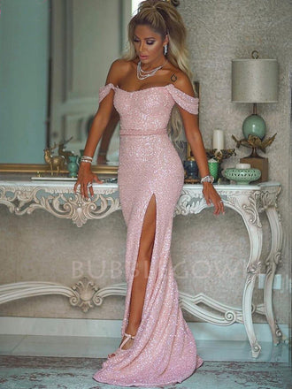 Pink Sequin Sexy Off Shoulder Side Slit Long Evening Prom Dresses, Cheap Custom Prom Dresses, MR7233