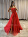 See Throuth Red Spaghetti Straps A-Line Long Evening Prom Dresses, MR7254