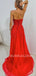 Sexy Backless Red Tulle Side slit Lace Long Evening Prom Dresses, Cheap Tulle Sweet Dresses, MR7255