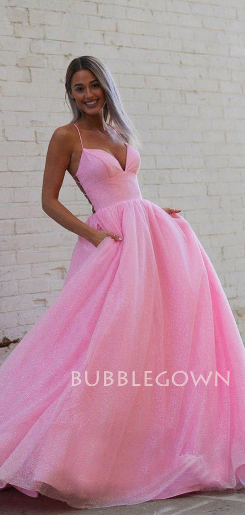 Spaghetti Straps A-Line Pink Backless Sparkly Long Evening Prom Dresses, MR7263