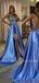 Sexy Backless A-Line Simple Blue Satin Long Evening Prom Dresses, MR7266