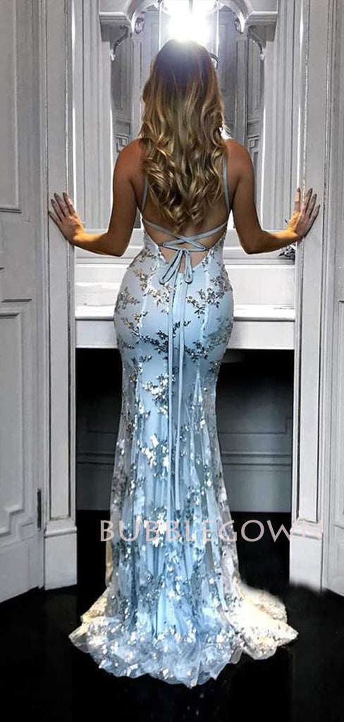 Grey Mermaid Backless Lace Mermaid Long Evening Prom Dresses, MR7271