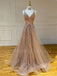 Champagne Lace V-neck Tulle A-line Long Evening Prom Dresses, MR7272