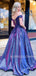 Off Shoulder Blue A-Line Long Evening Prom Dresses, Cheap Custom Dresses,MR7280