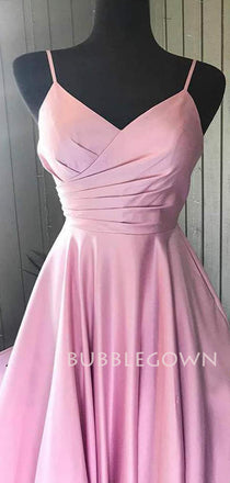 A-Line Pink Satin V Neck Long Evening Prom Dresses, Cheap Custom Backless Prom Dresses, MR7290